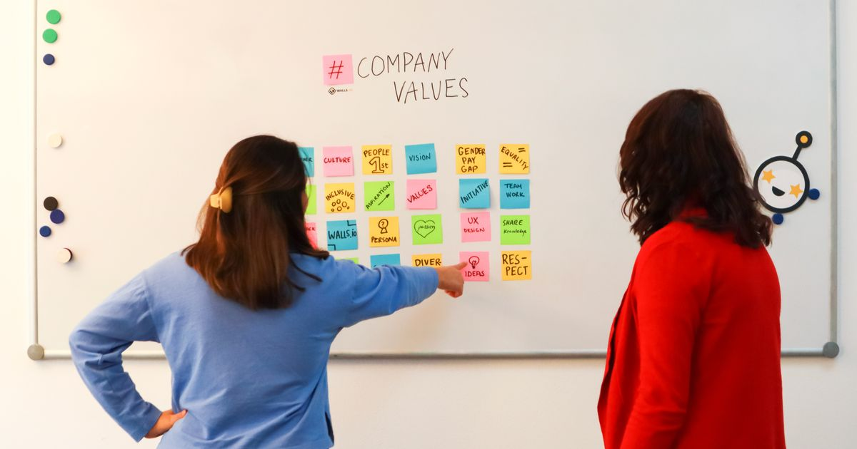 Team discussing company values on whiteboard